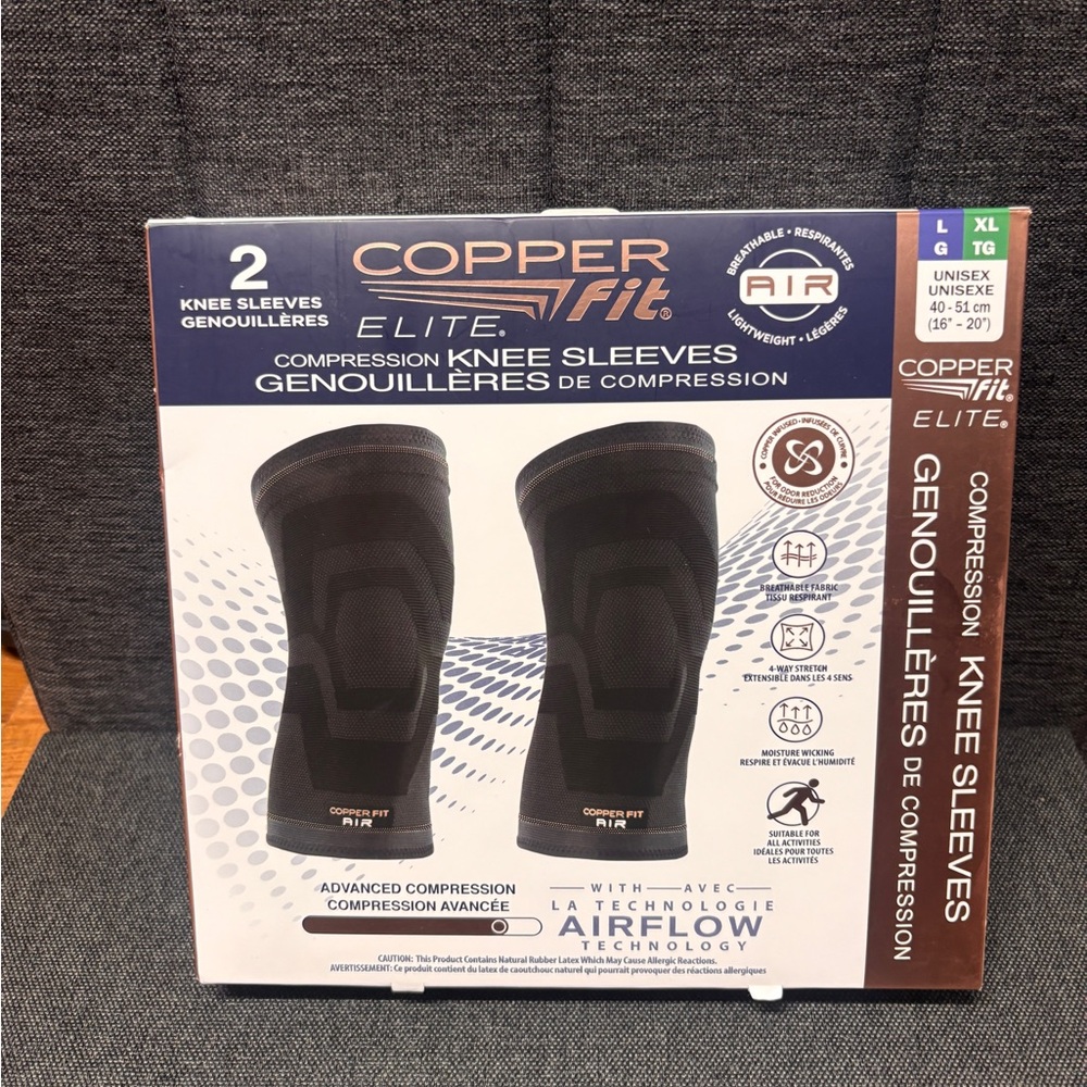 Unisex Copper Fit Elite Compression Knee Sleeves 2 Pack, Black L/XL